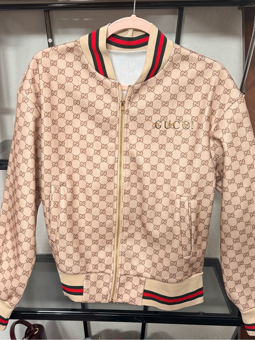 Designer Inspire Beige Monogram Jacket with Red-Green Stripe Trim